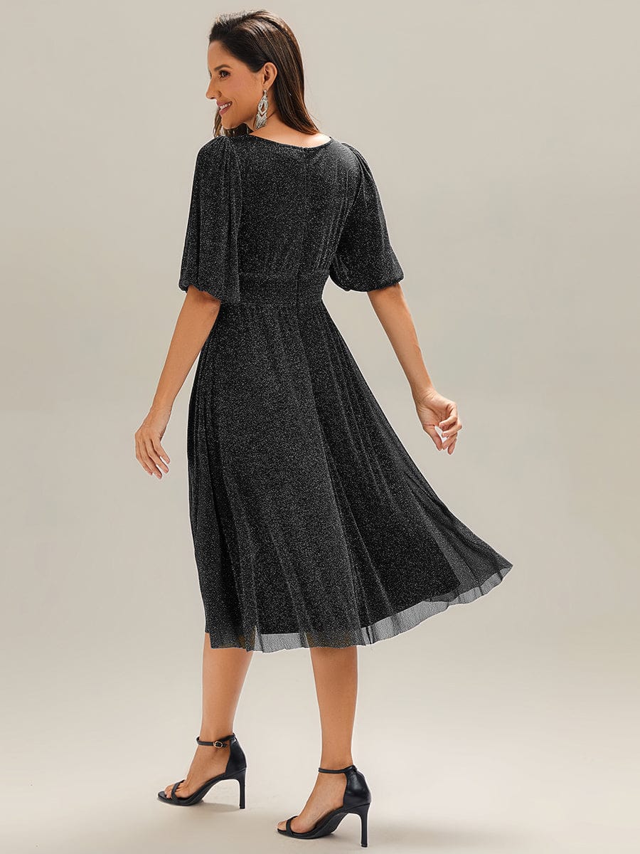 Shimmery Lantern Sleeve A-Line Wedding Guest Dress #color_Black