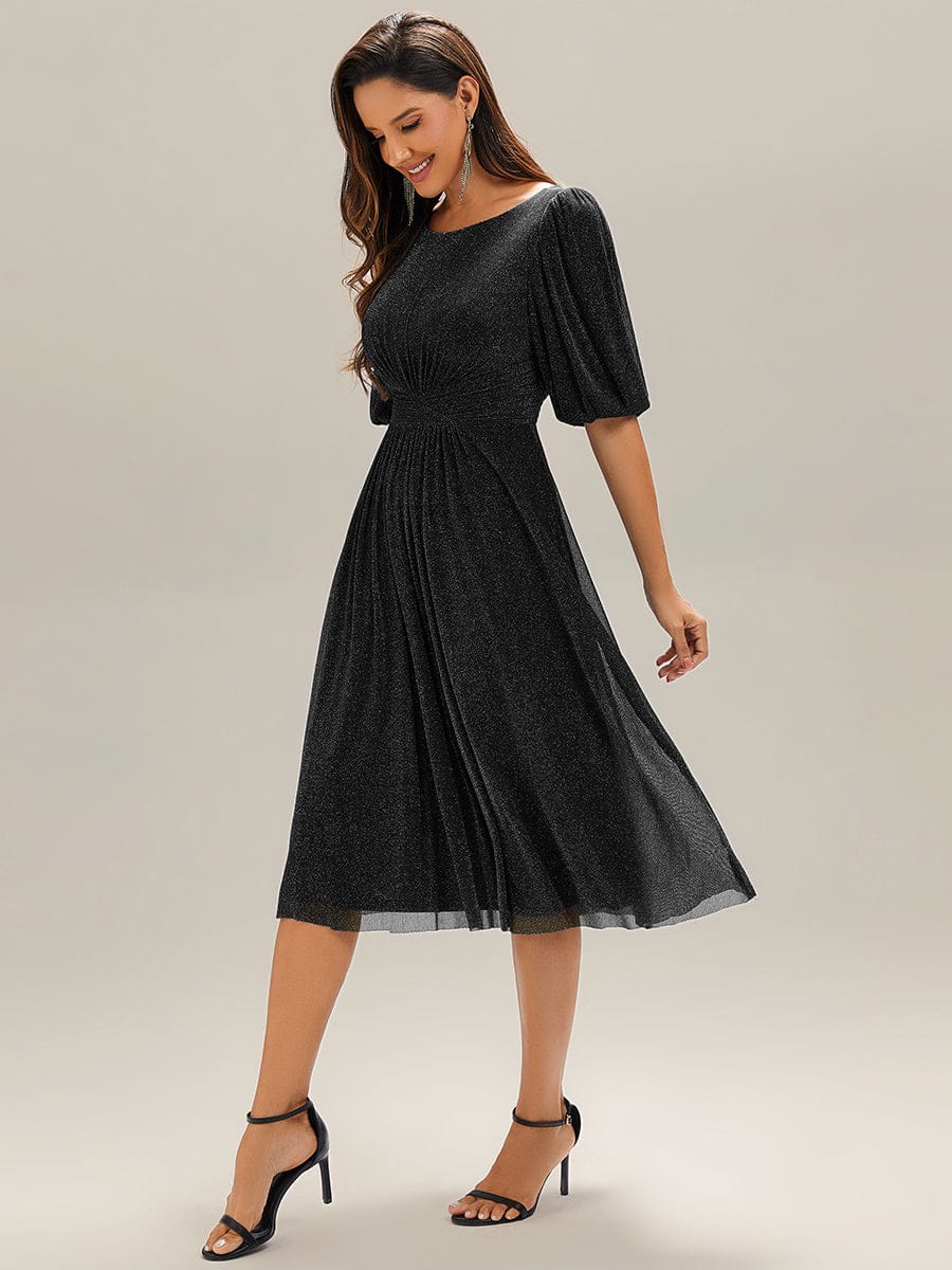 Shimmery Lantern Sleeve A-Line Wedding Guest Dress #color_Black