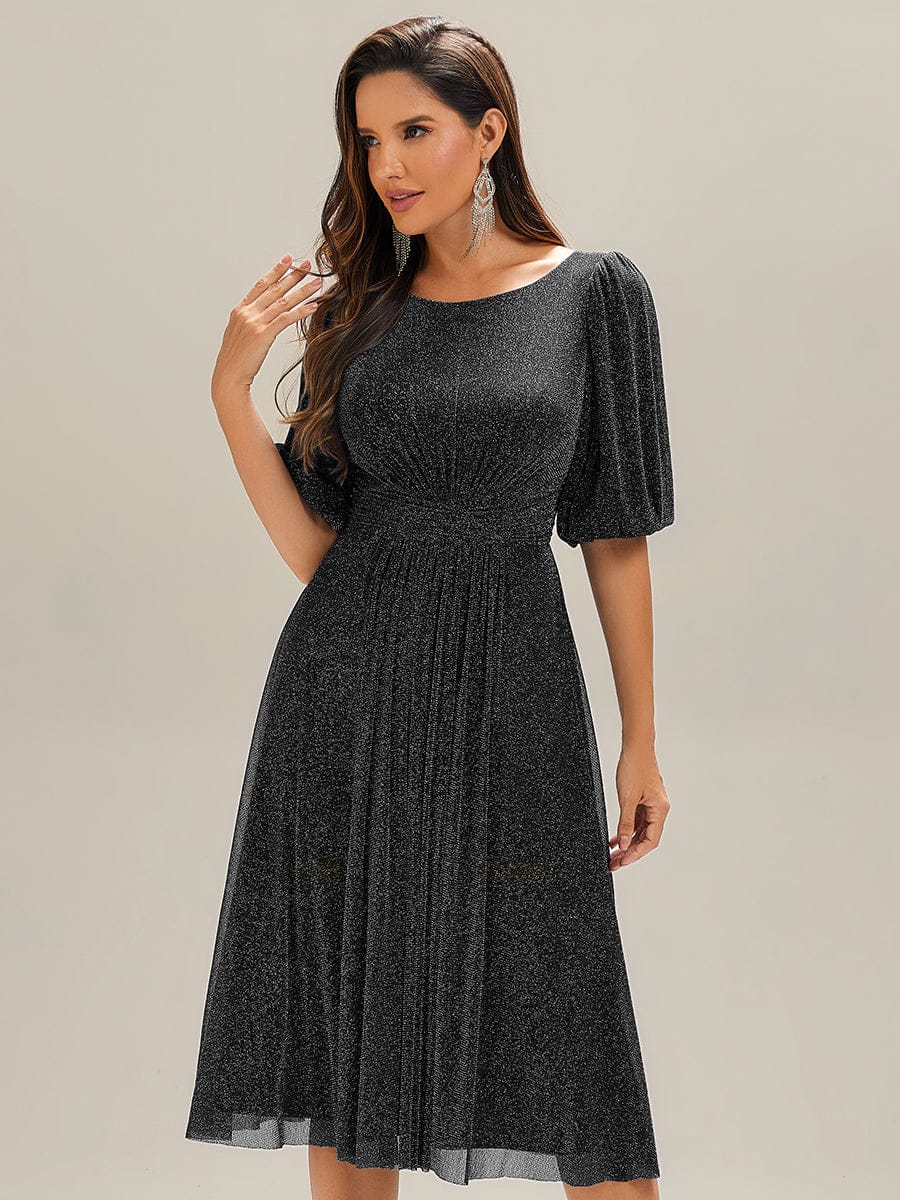 Shimmery Lantern Sleeve A-Line Wedding Guest Dress #color_Black