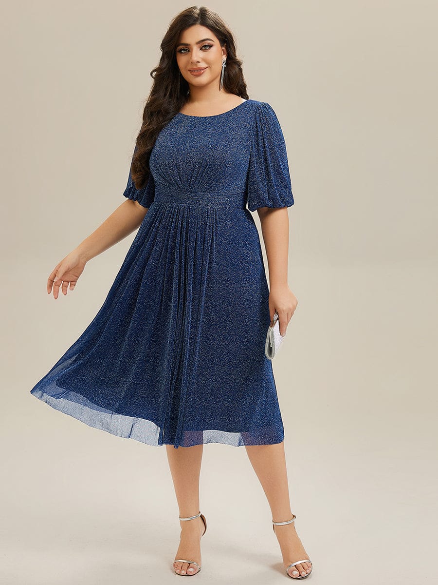Shimmery Lantern Sleeve A-Line Wedding Guest Dress #color_Navy Blue