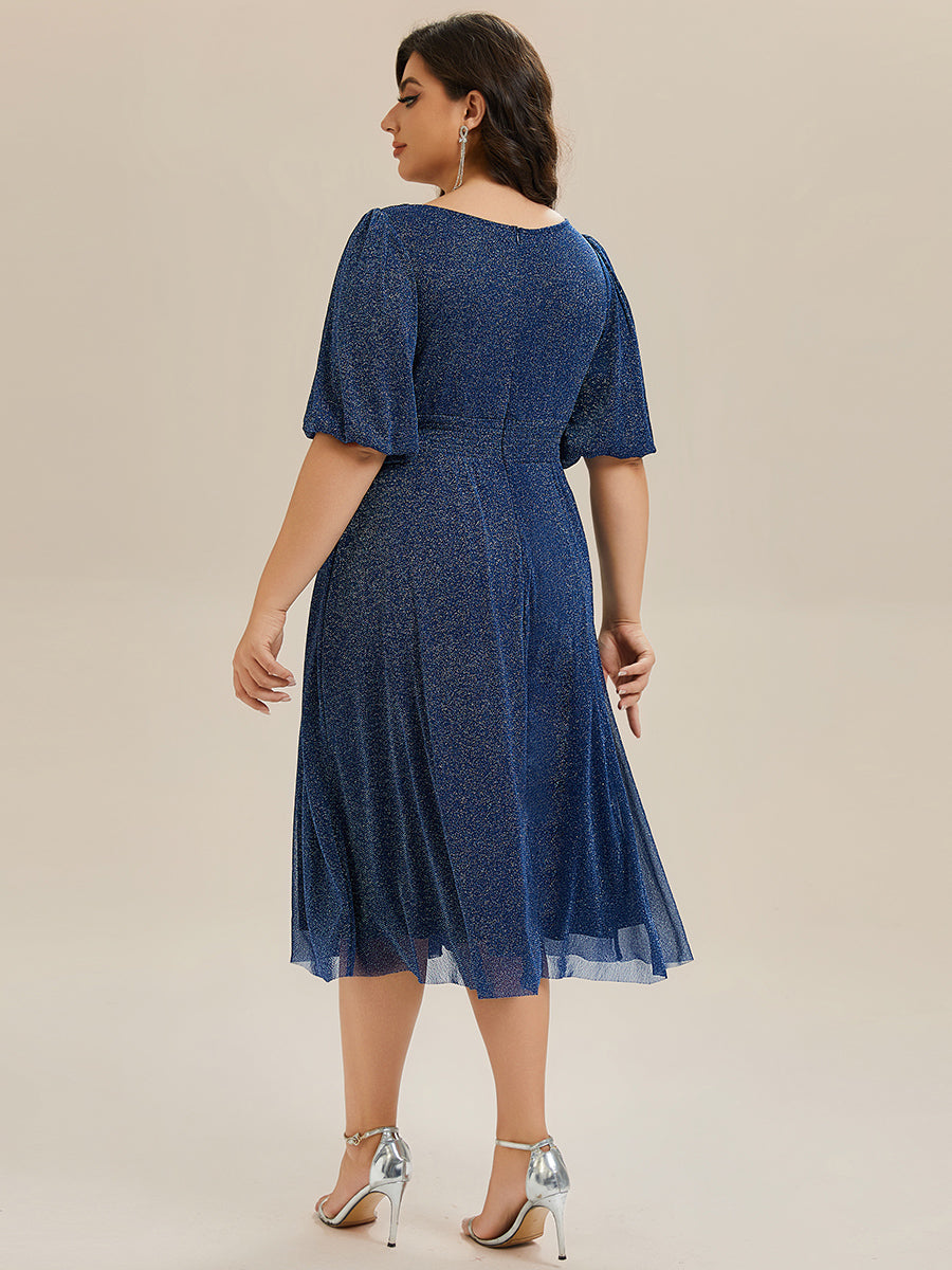 Shimmery Lantern Sleeve A-Line Wedding Guest Dress #color_Navy Blue