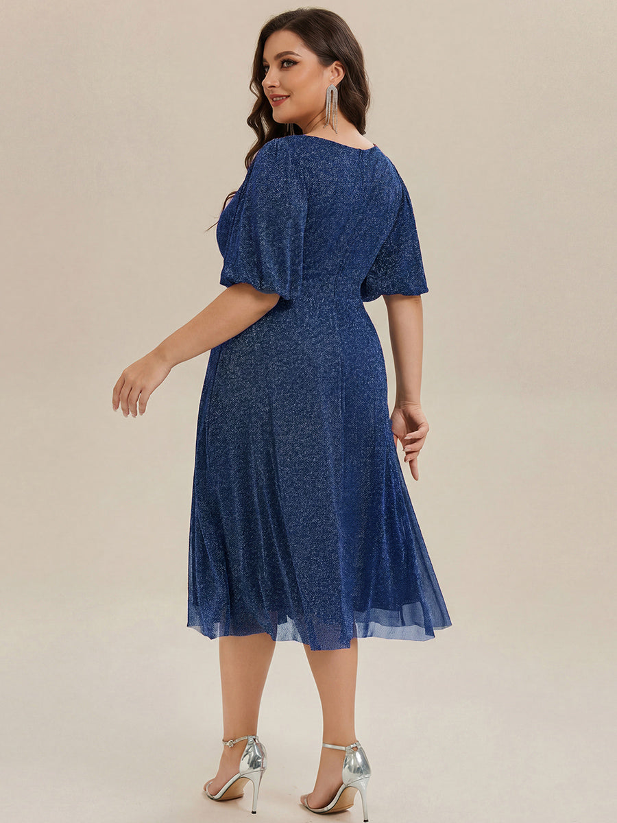 Shimmery Lantern Sleeve A-Line Wedding Guest Dress #color_Navy Blue