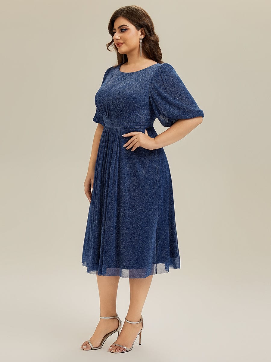 Shimmery Lantern Sleeve A-Line Wedding Guest Dress #color_Navy Blue