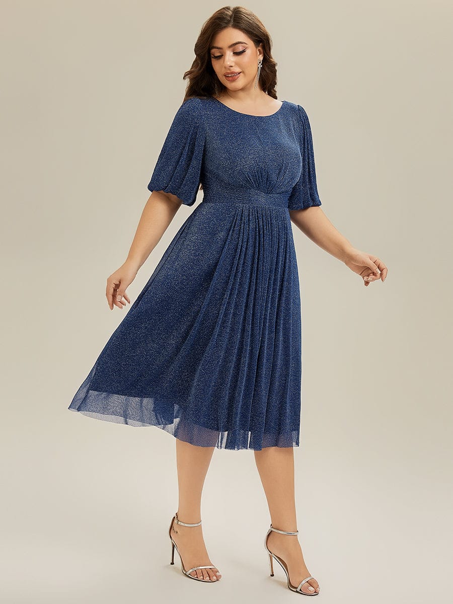 Shimmery Lantern Sleeve A-Line Wedding Guest Dress #color_Navy Blue