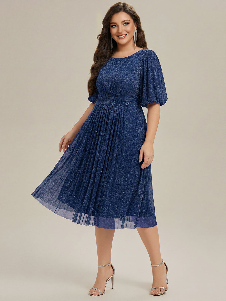 Plus Size Glitter Half Sleeve A-Line Wedding Guest Dress #color_Navy Blue