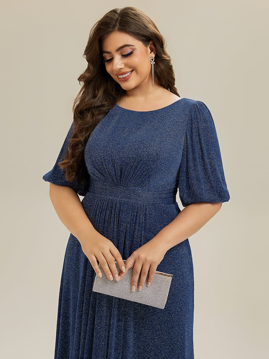 Shimmery Lantern Sleeve A-Line Wedding Guest Dress #color_Navy Blue
