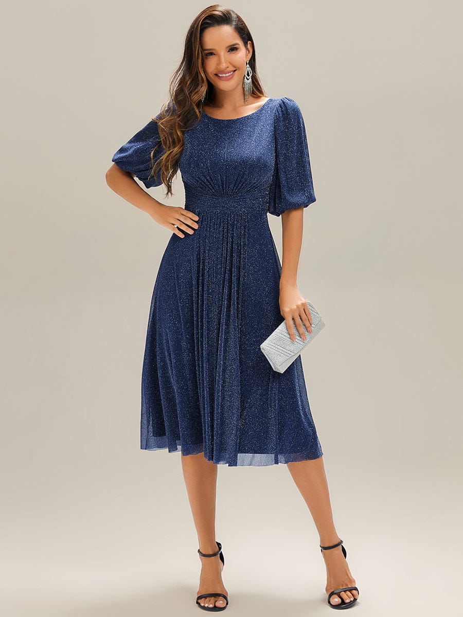 Shimmery Lantern Sleeve A-Line Wedding Guest Dress #color_Navy Blue