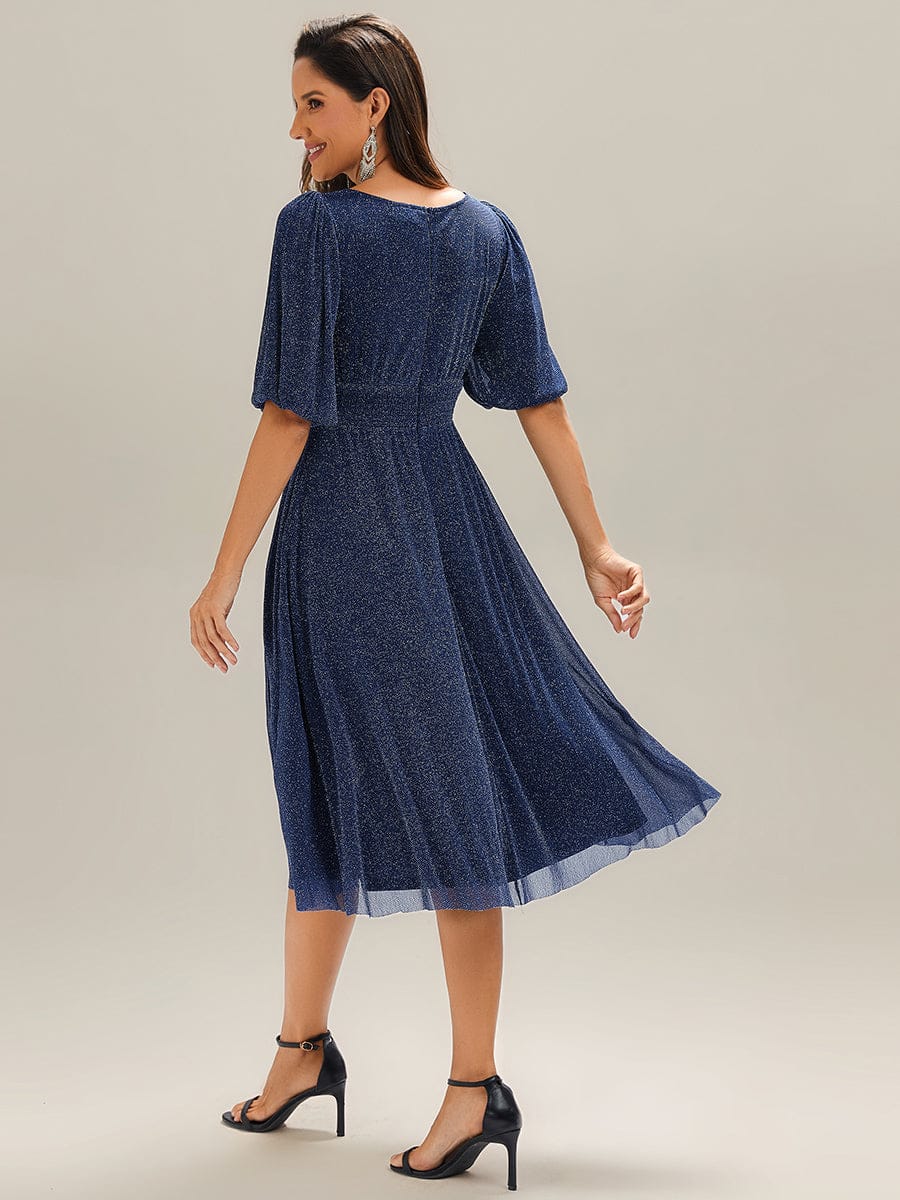 Shimmery Lantern Sleeve A-Line Wedding Guest Dress #color_Navy Blue