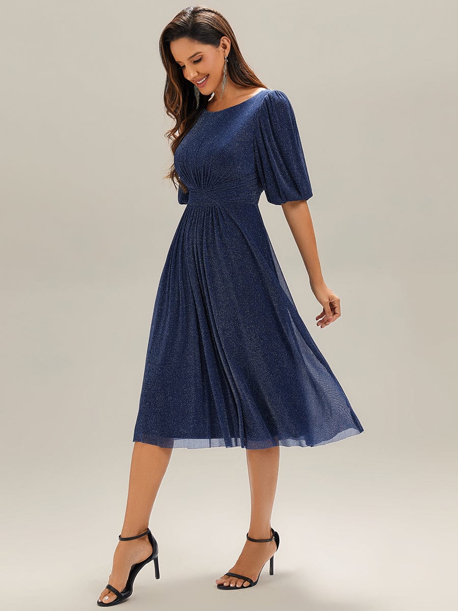 Shimmery Lantern Sleeve A-Line Wedding Guest Dress #color_Navy Blue