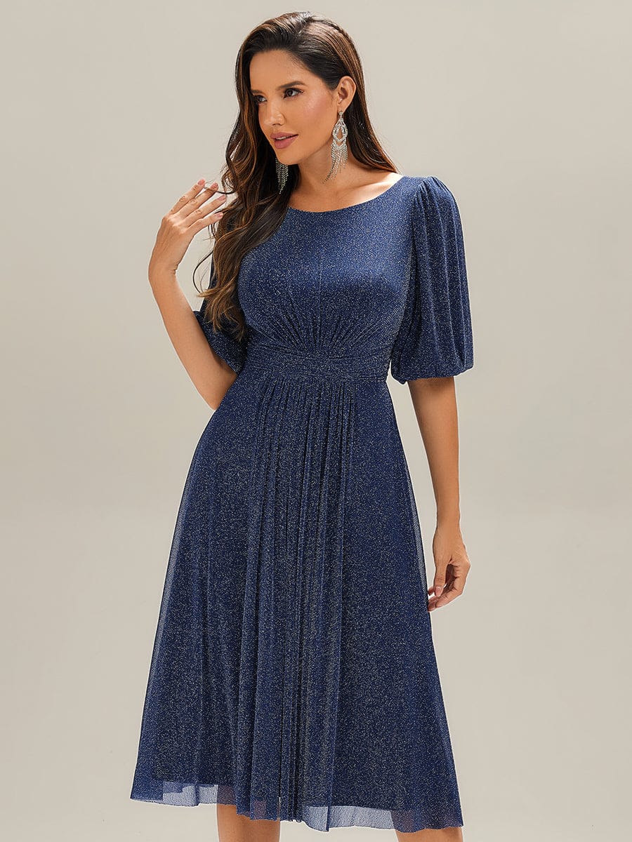 Shimmery Lantern Sleeve A-Line Wedding Guest Dress #color_Navy Blue