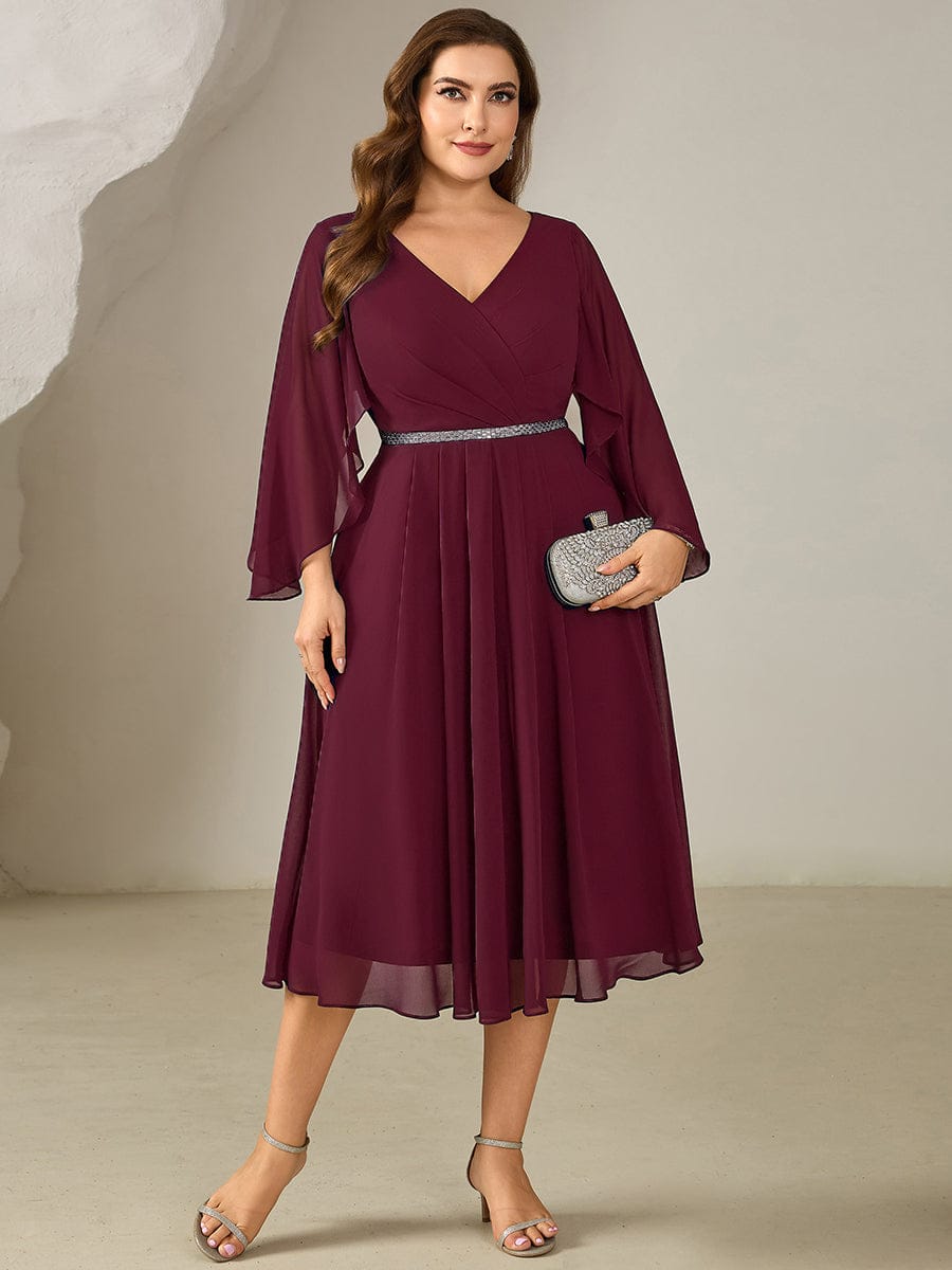 Plus Size Deep V-Neck Chiffon Wedding Guest Dress #color_Burgundy