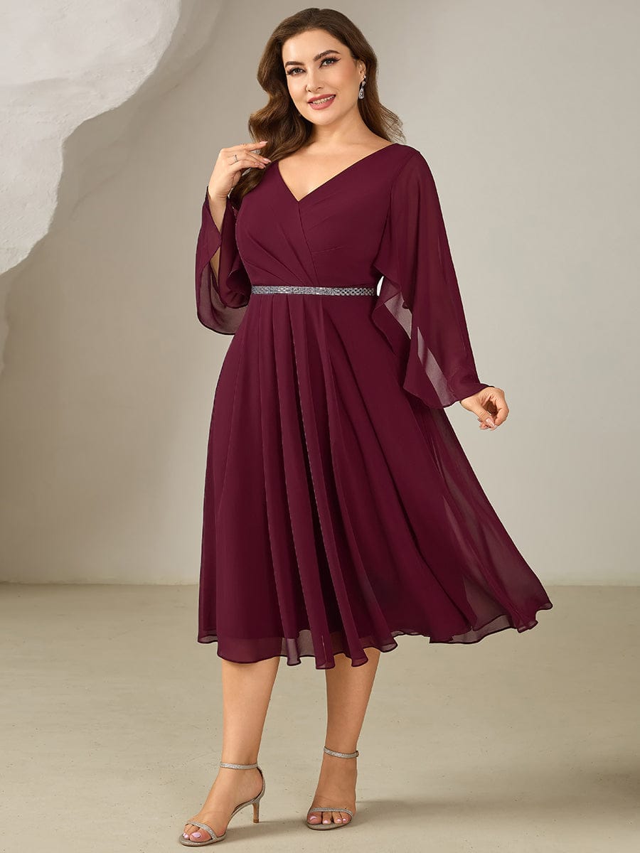 Plus Size Deep V-Neck Chiffon Wedding Guest Dress #color_Burgundy