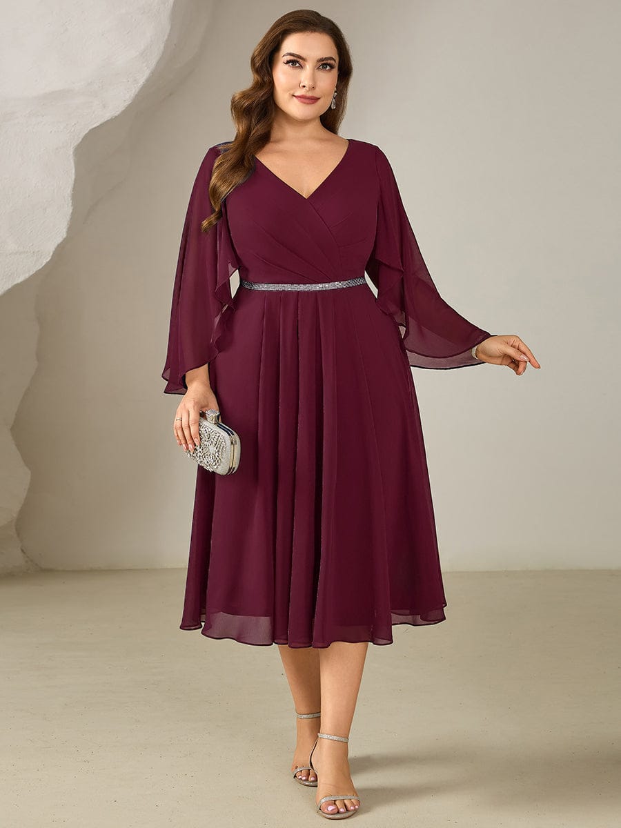 Plus Size Deep V-Neck Chiffon Wedding Guest Dress #color_Burgundy