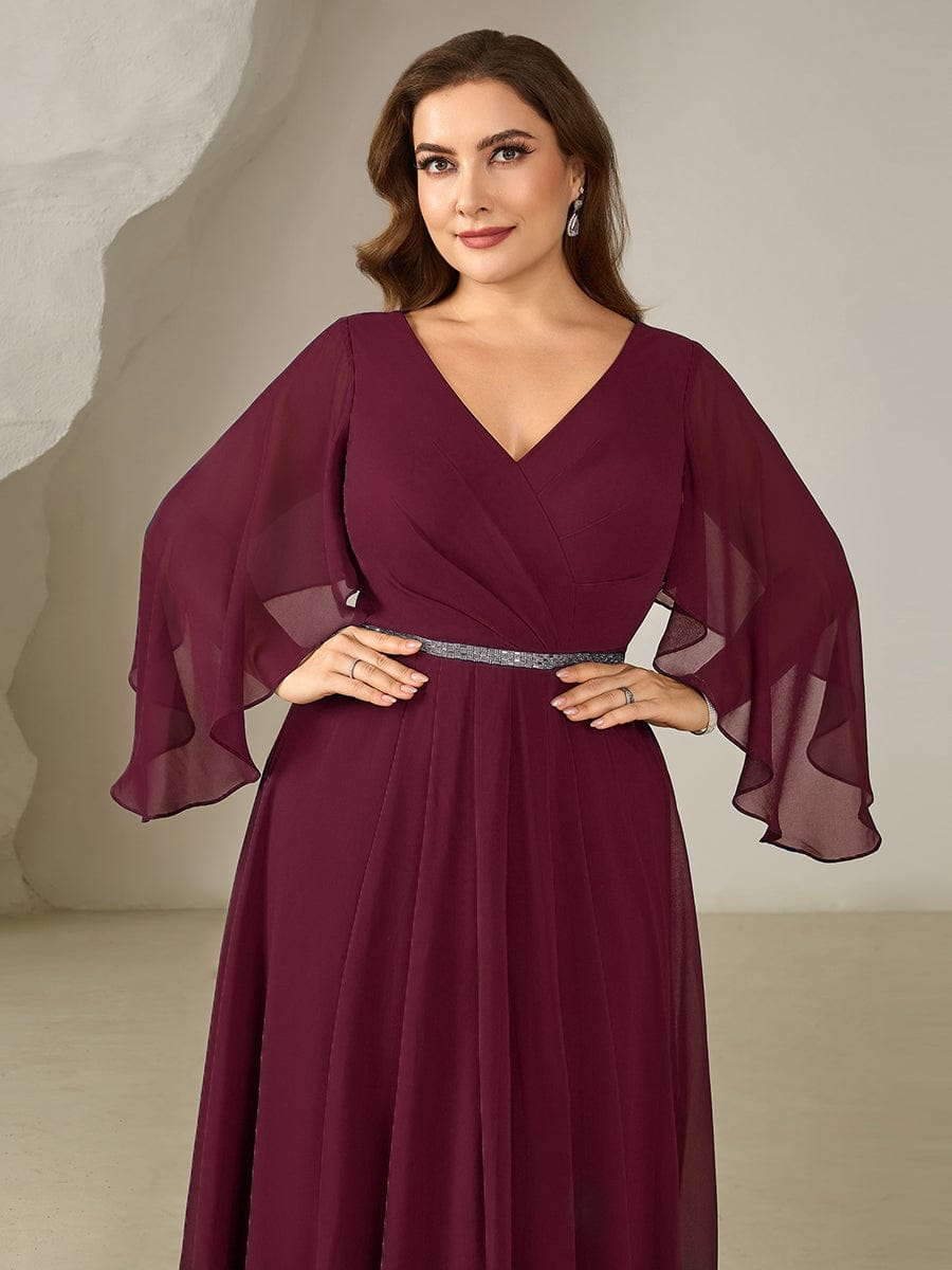 Plus Size Deep V-Neck Chiffon Wedding Guest Dress #color_Burgundy