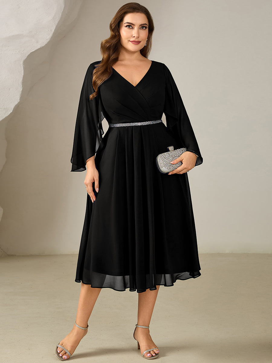 Plus Size Deep V-Neck Chiffon Wedding Guest Dress #color_Black