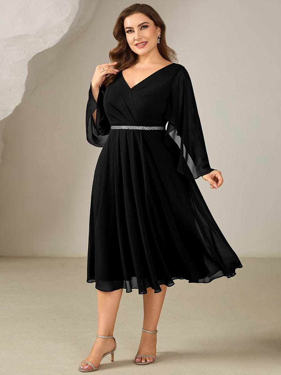 Plus Size Deep V-Neck Chiffon Wedding Guest Dress #color_Black