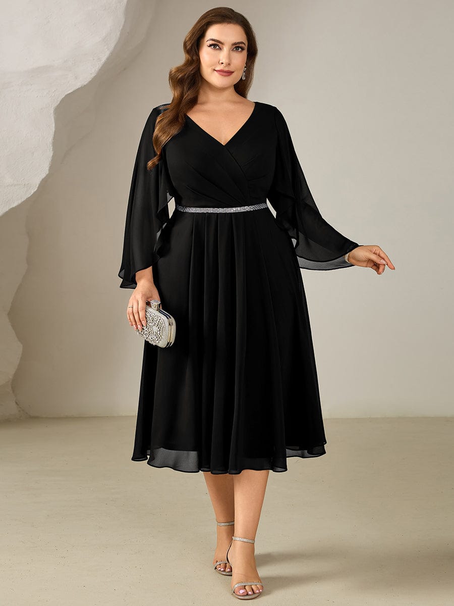 Plus Size Deep V-Neck Chiffon Wedding Guest Dress #color_Black