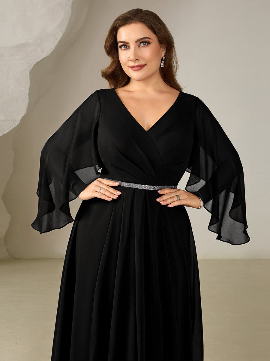 Plus Size Deep V-Neck Chiffon Wedding Guest Dress #color_Black