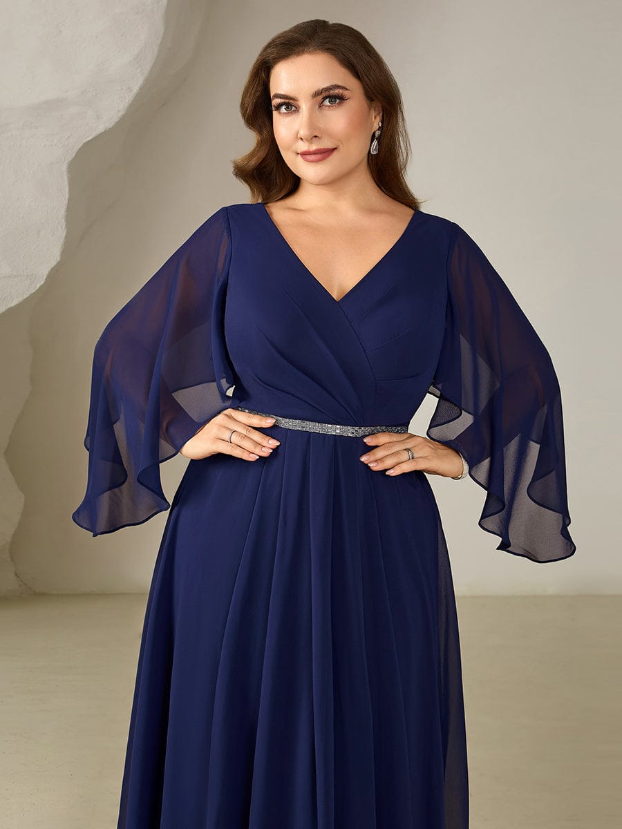 Plus Size Deep V-Neck Chiffon Wedding Guest Dress #color_Navy Blue