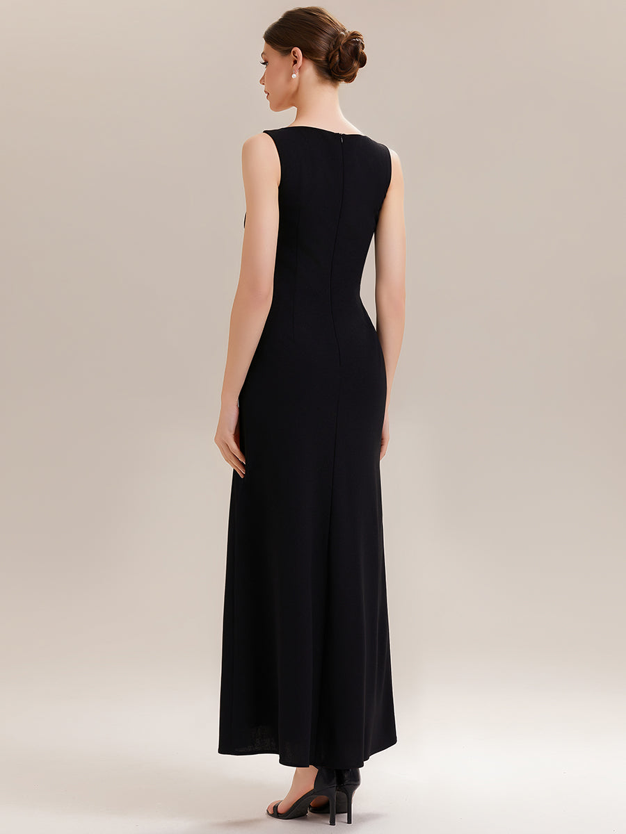 High Slit Cut-Out Curve Knit Sleeveless Wedding Guest Dress #color_Ivory-Black