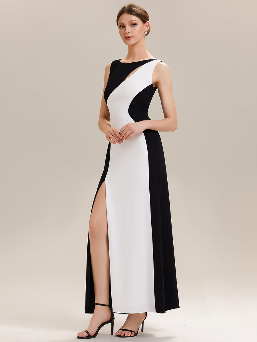 High Slit Cut-Out Curve Knit Sleeveless Wedding Guest Dress #color_Ivory-Black