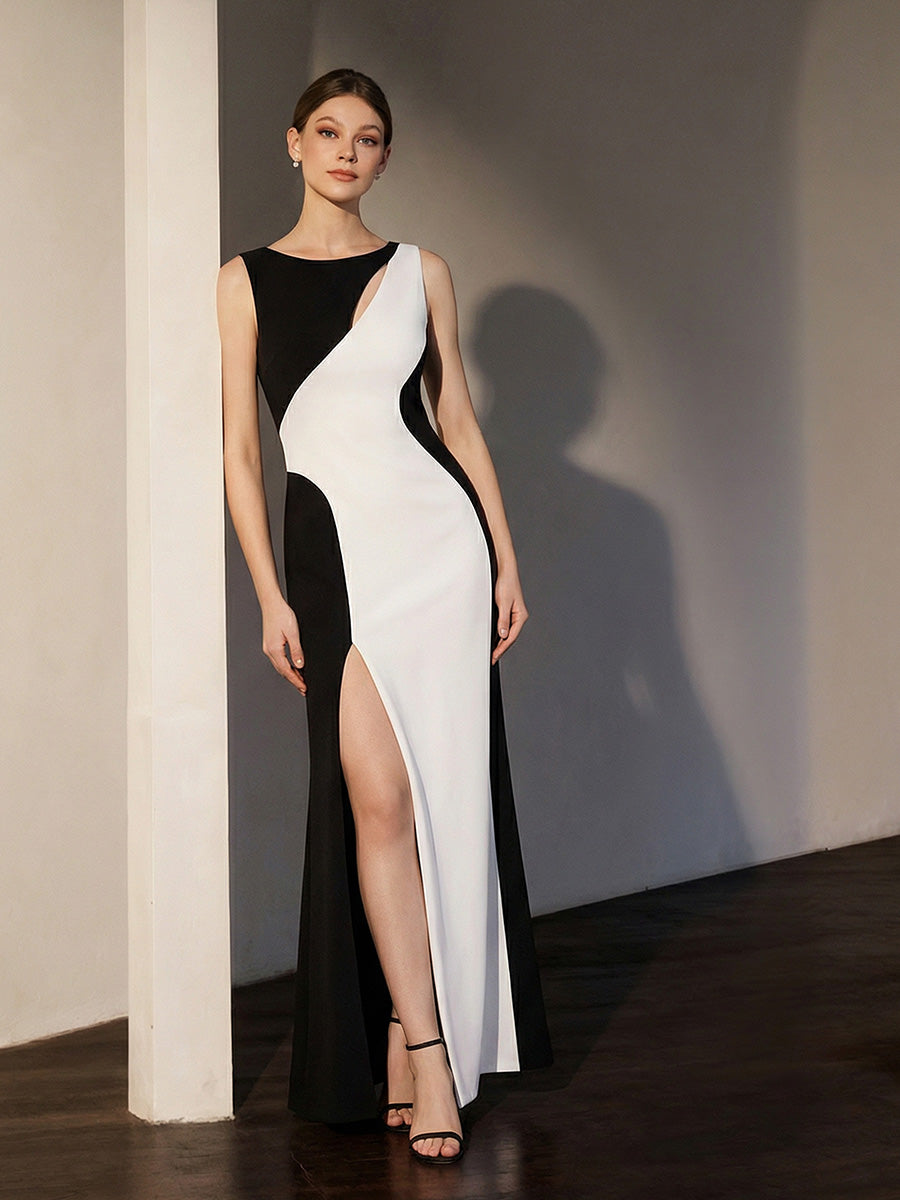 High Slit Cut-Out Curve Knit Sleeveless Wedding Guest Dress #color_Ivory-Black