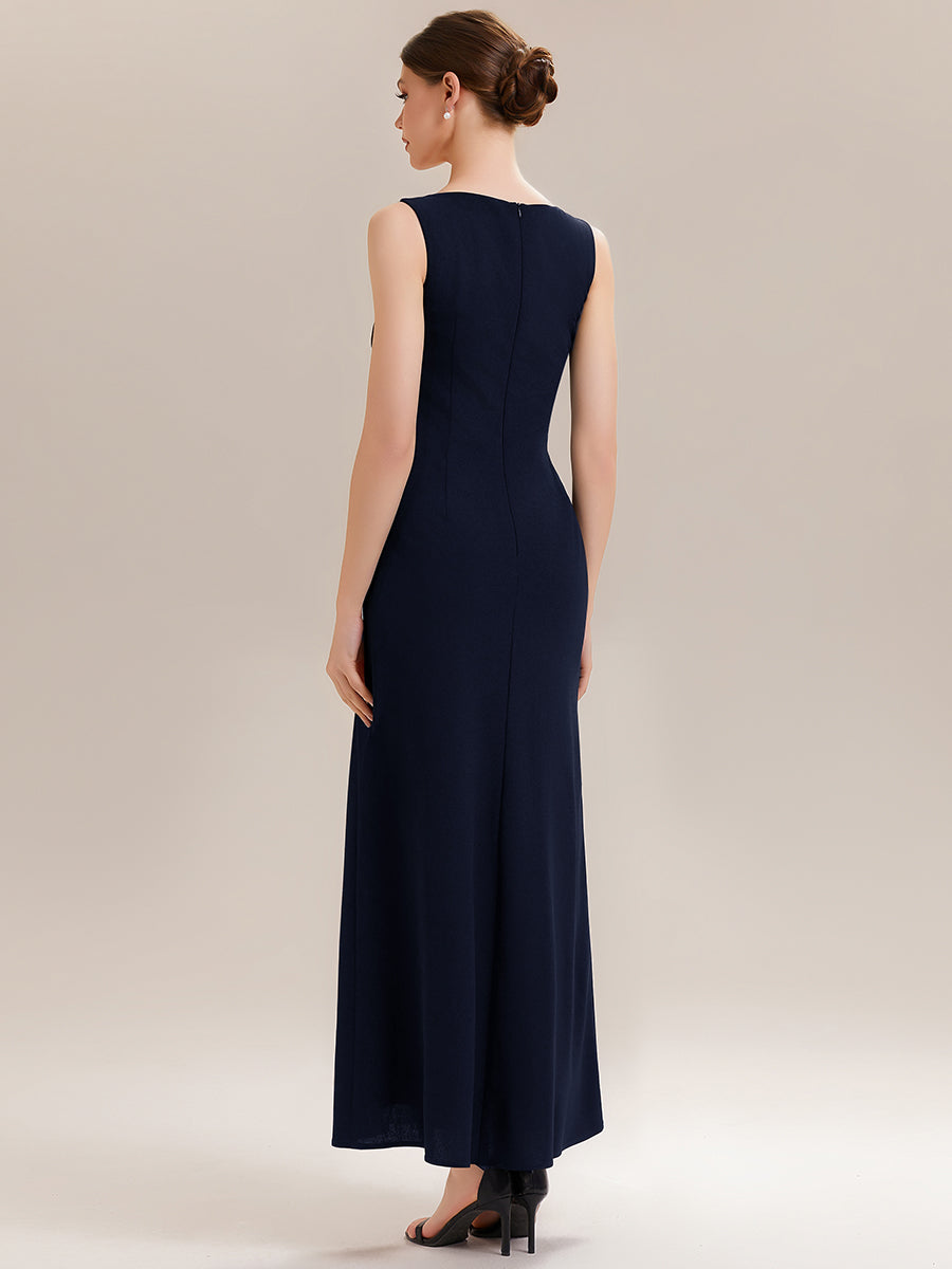 High Slit Cut-Out Curve Knit Sleeveless Wedding Guest Dress #color_Navy Blue