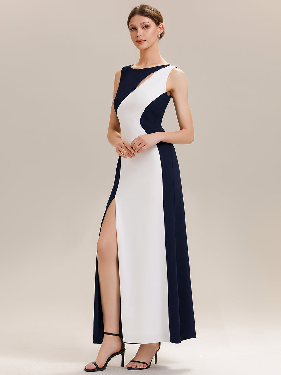 High Slit Cut-Out Curve Knit Sleeveless Wedding Guest Dress #color_Navy Blue