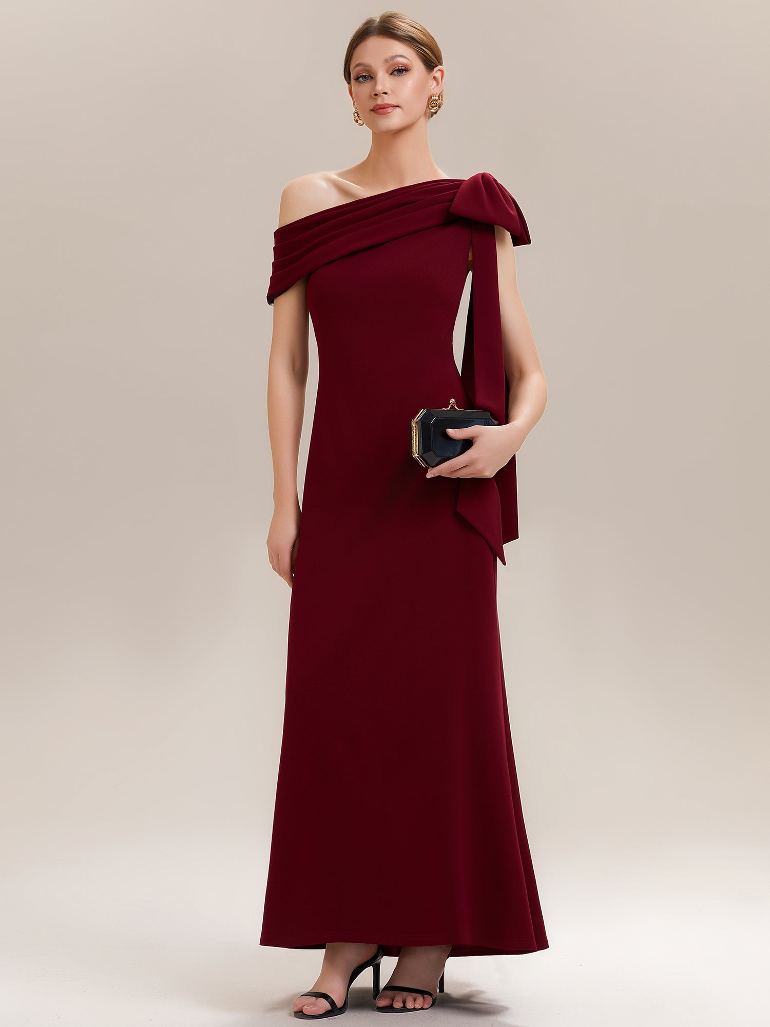 Asymmetric Shoulder with Bow Knit Wedding Guest Dress #color_Dark Red