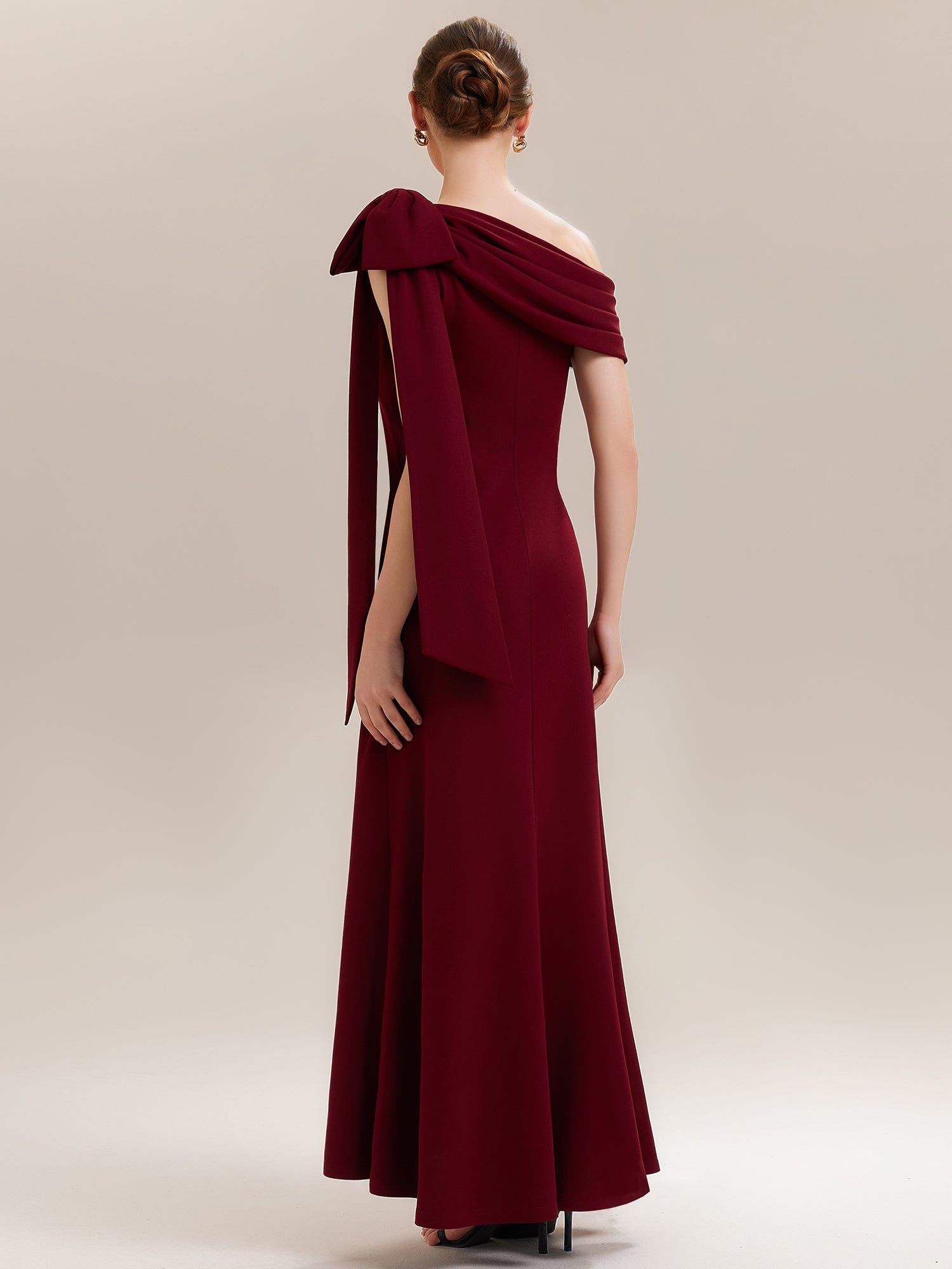 Asymmetric Shoulder with Bow Knit Wedding Guest Dress #color_Dark Red