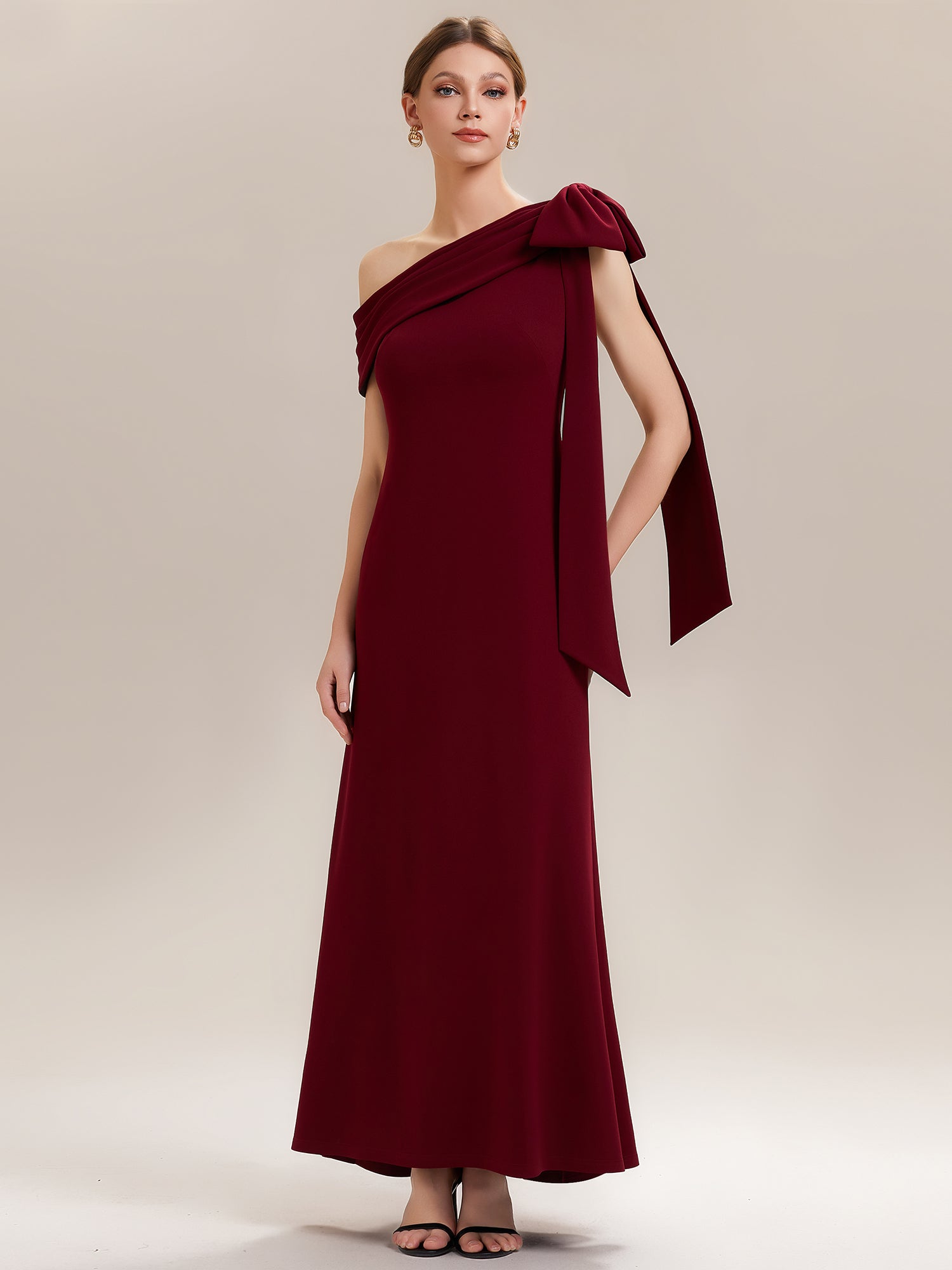 Asymmetric Shoulder with Bow Knit Wedding Guest Dress #color_Dark Red