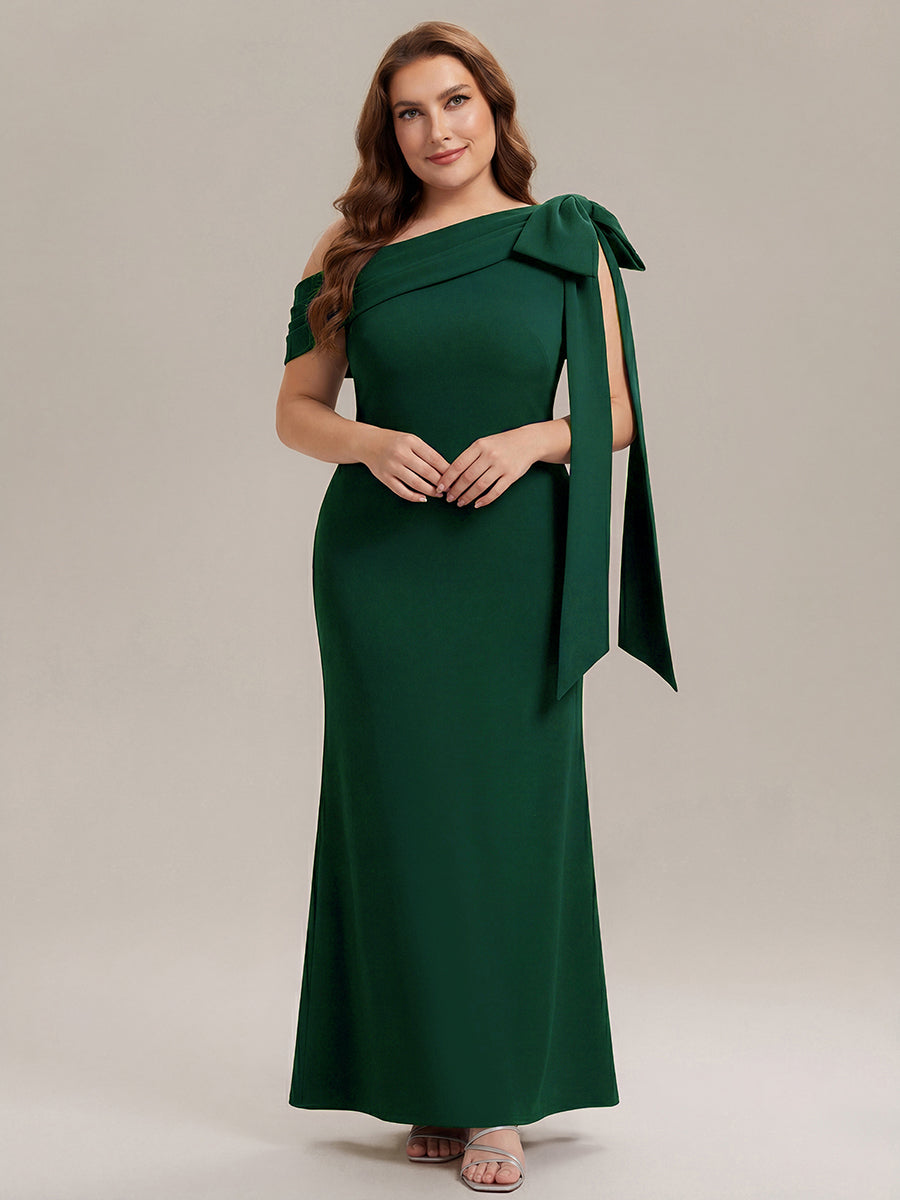 Asymmetric Shoulder with Bow Knit Wedding Guest Dress #color_Dark Green
