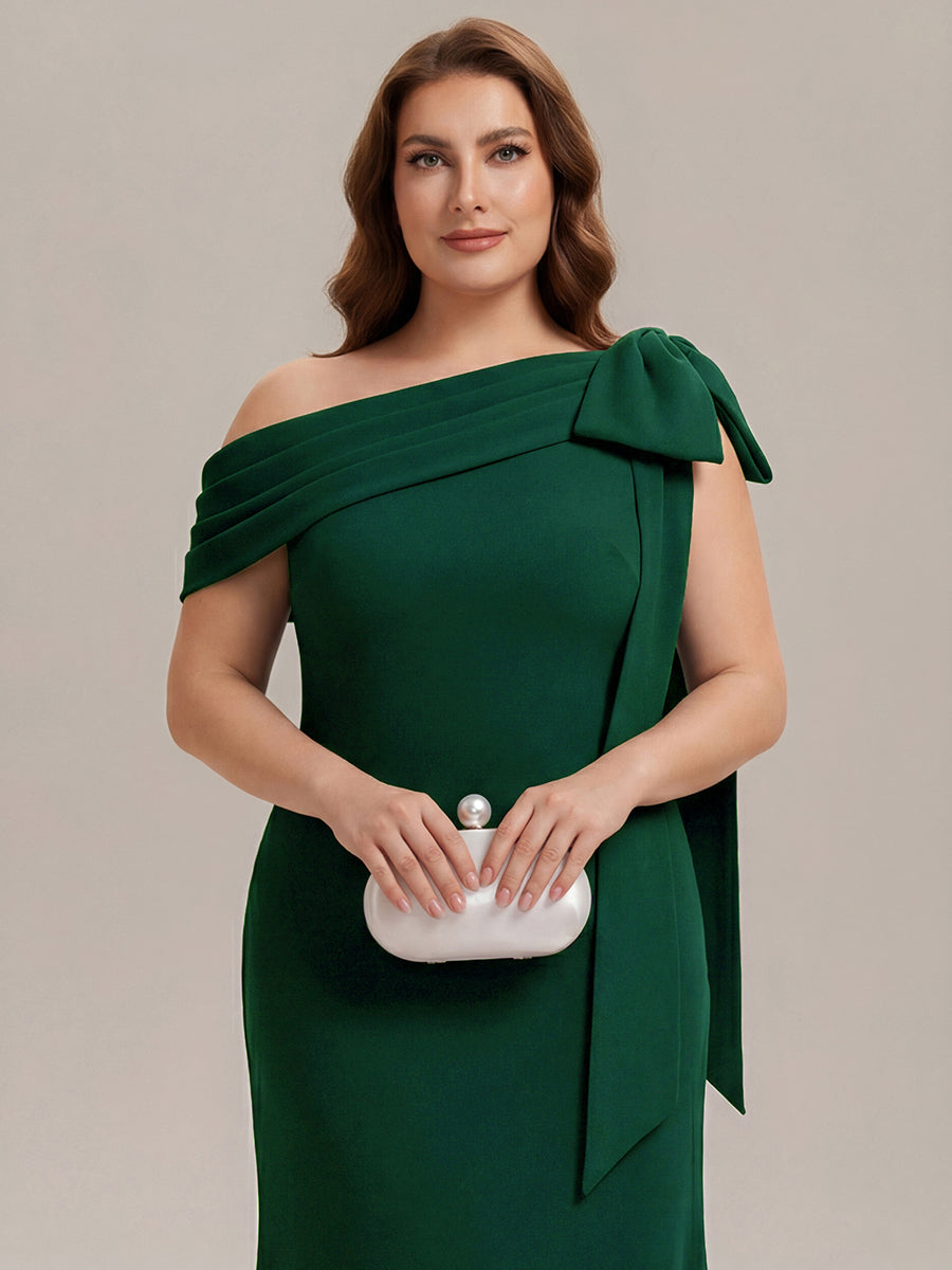 Asymmetric Shoulder with Bow Knit Wedding Guest Dress #color_Dark Green