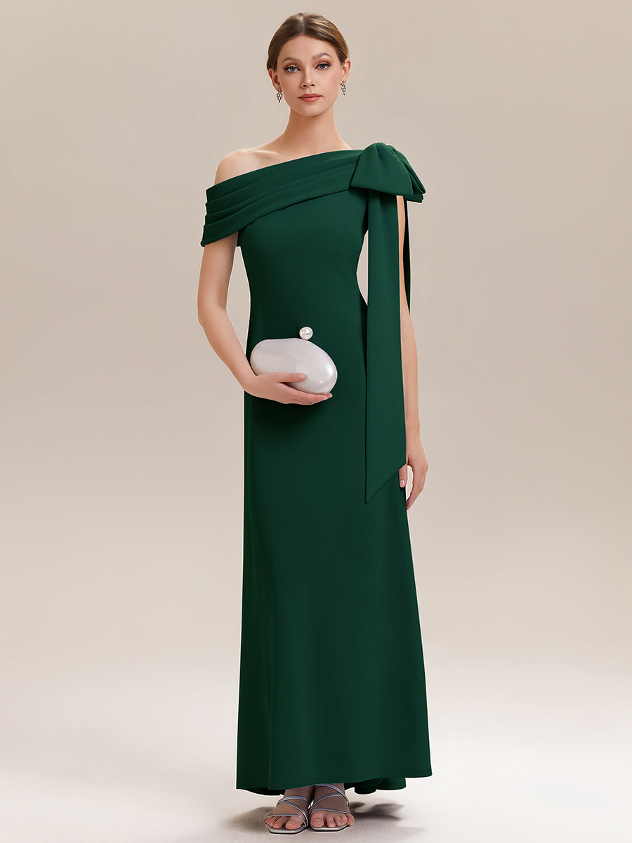 Asymmetric Shoulder with Bow Knit Wedding Guest Dress #color_Dark Green