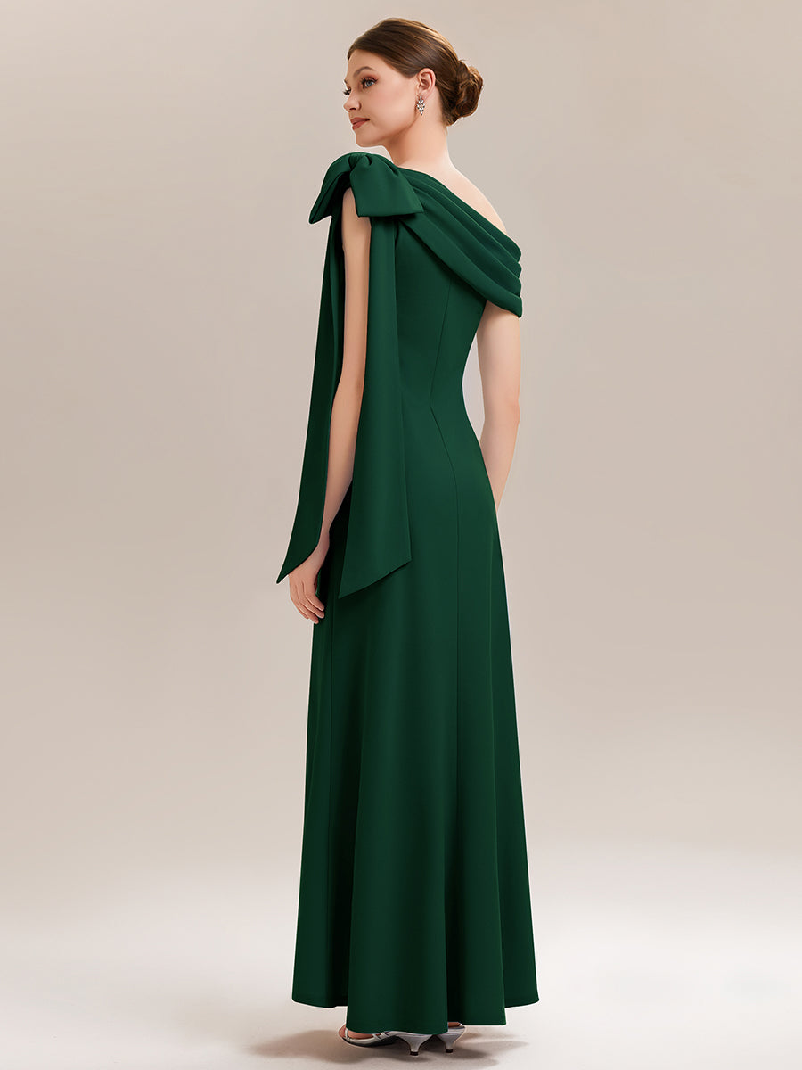 Asymmetric Shoulder with Bow Knit Wedding Guest Dress #color_Dark Green