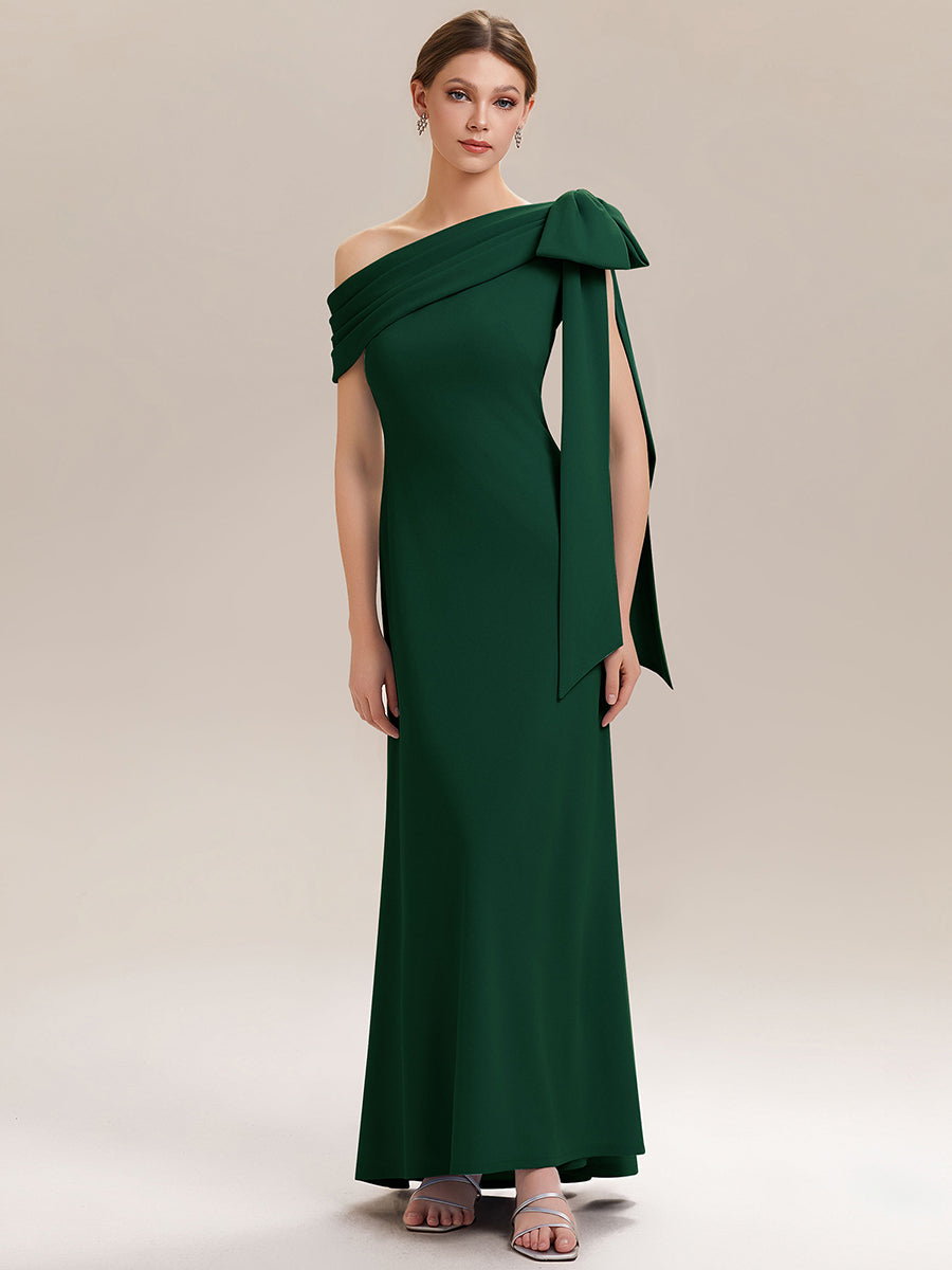 Asymmetric Shoulder with Bow Knit Wedding Guest Dress #color_Dark Green