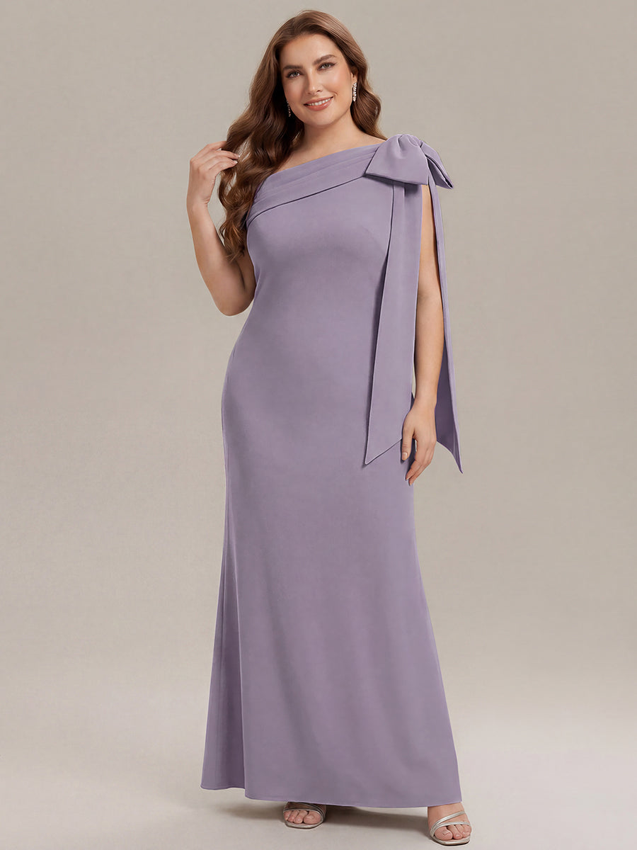 Asymmetric Shoulder with Bow Knit Wedding Guest Dress #color_Frosted Lilac