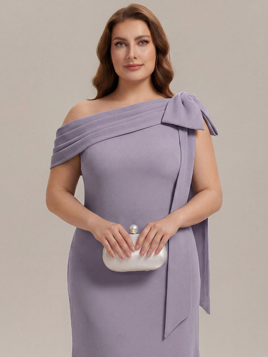 Asymmetric Shoulder with Bow Knit Wedding Guest Dress #color_Frosted Lilac