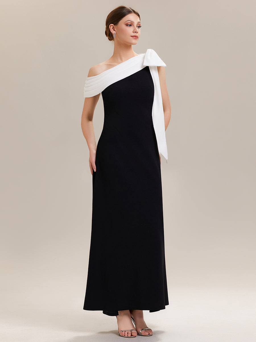 Asymmetric Shoulder with Bow Knit Wedding Guest Dress #color_Ivory-Black