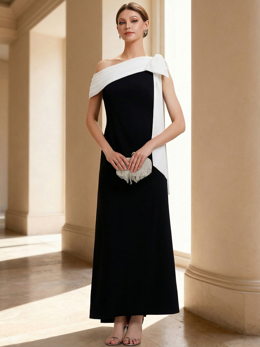 Asymmetric Shoulder with Bow Knit Wedding Guest Dress #color_Ivory-Black