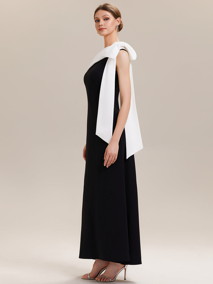 Asymmetric Shoulder with Bow Knit Wedding Guest Dress #color_Ivory-Black