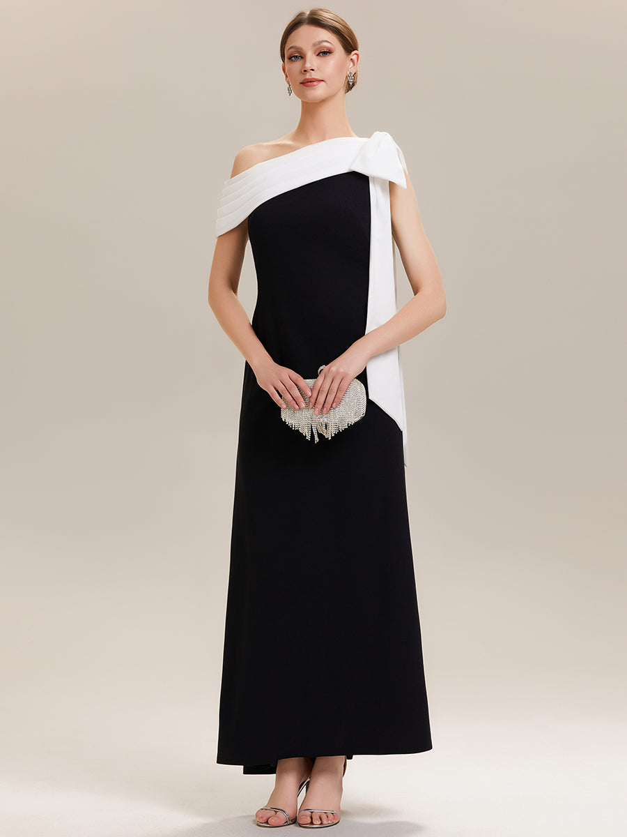 Asymmetric Shoulder with Bow Knit Wedding Guest Dress #color_Ivory-Black