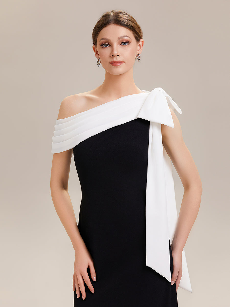 Asymmetric Shoulder with Bow Knit Wedding Guest Dress #color_Ivory-Black