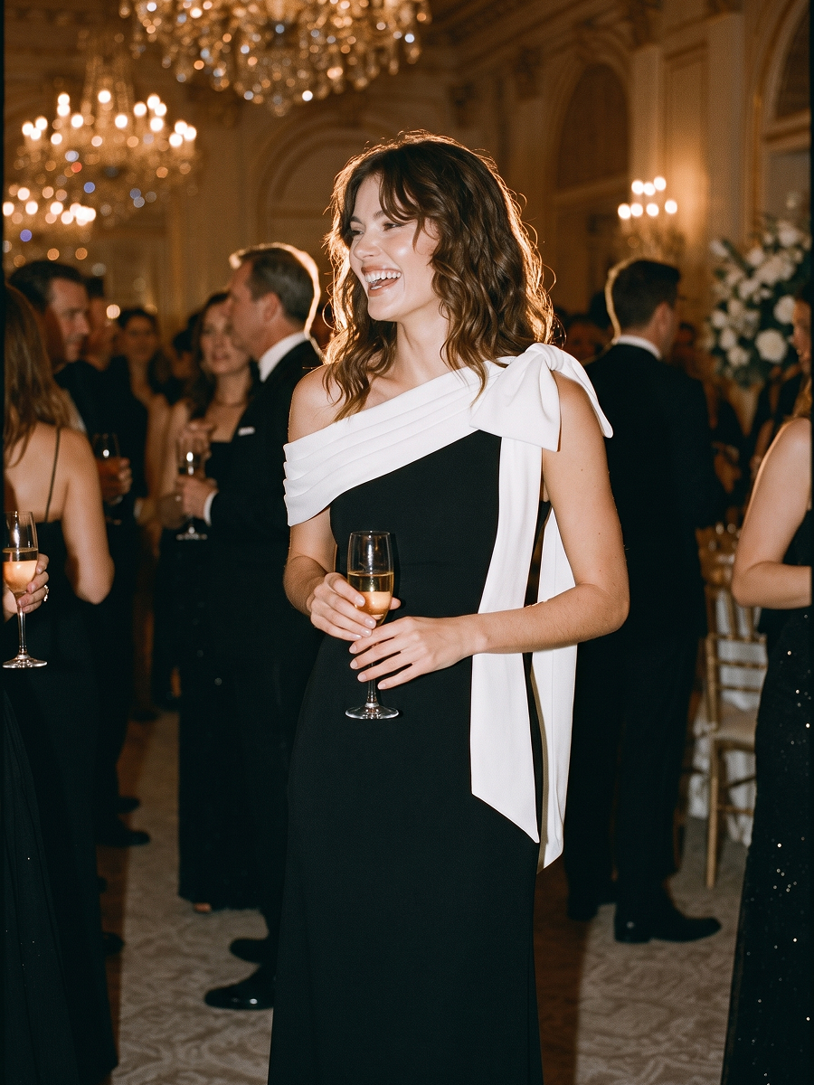 Asymmetric Shoulder with Bow Knit Wedding Guest Dress #color_Ivory-Black