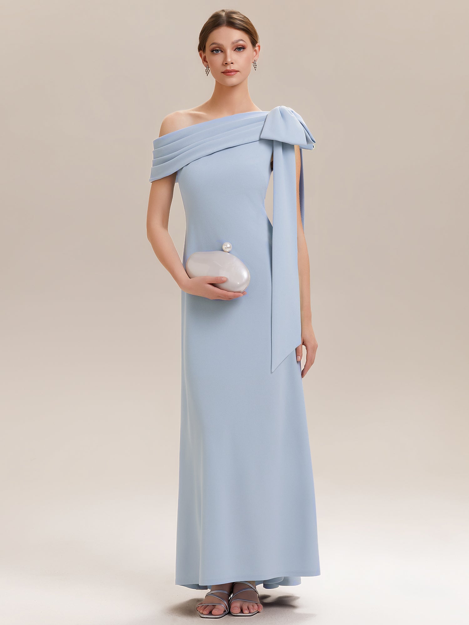 Asymmetric Shoulder with Bow Knit Wedding Guest Dress #color_Ice Blue