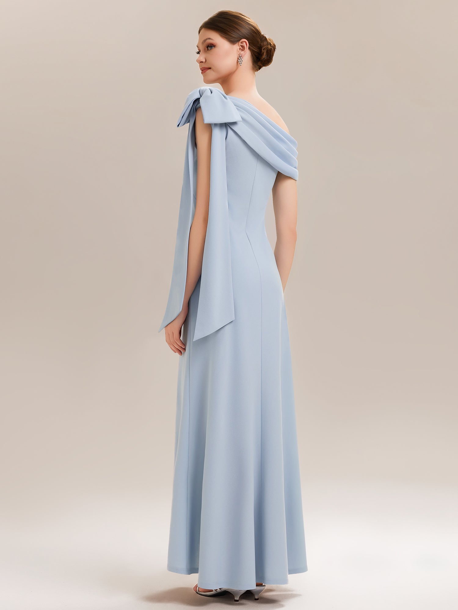 Asymmetric Shoulder with Bow Knit Wedding Guest Dress #color_Ice Blue