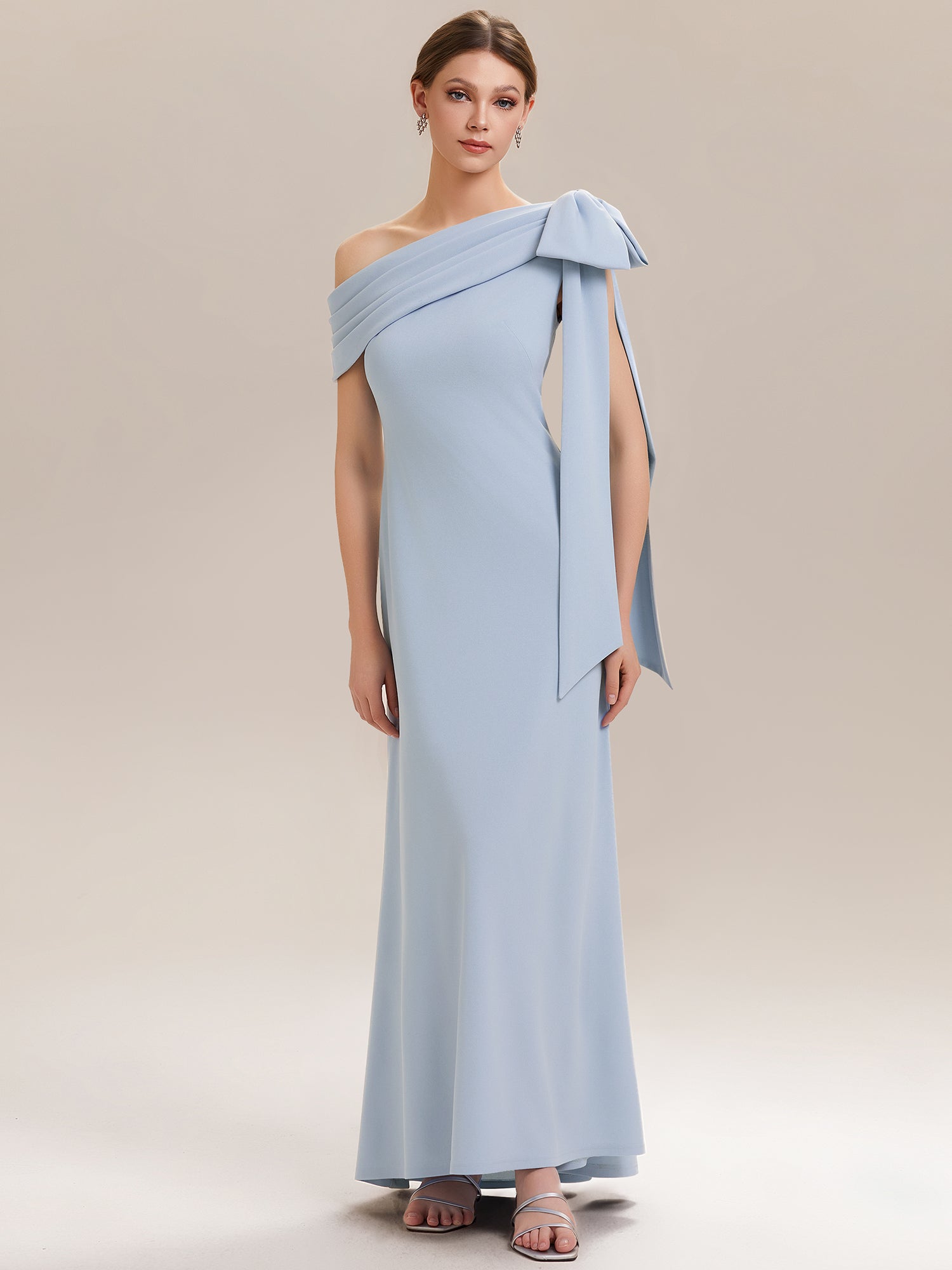 Asymmetric Shoulder with Bow Knit Wedding Guest Dress #color_Ice Blue