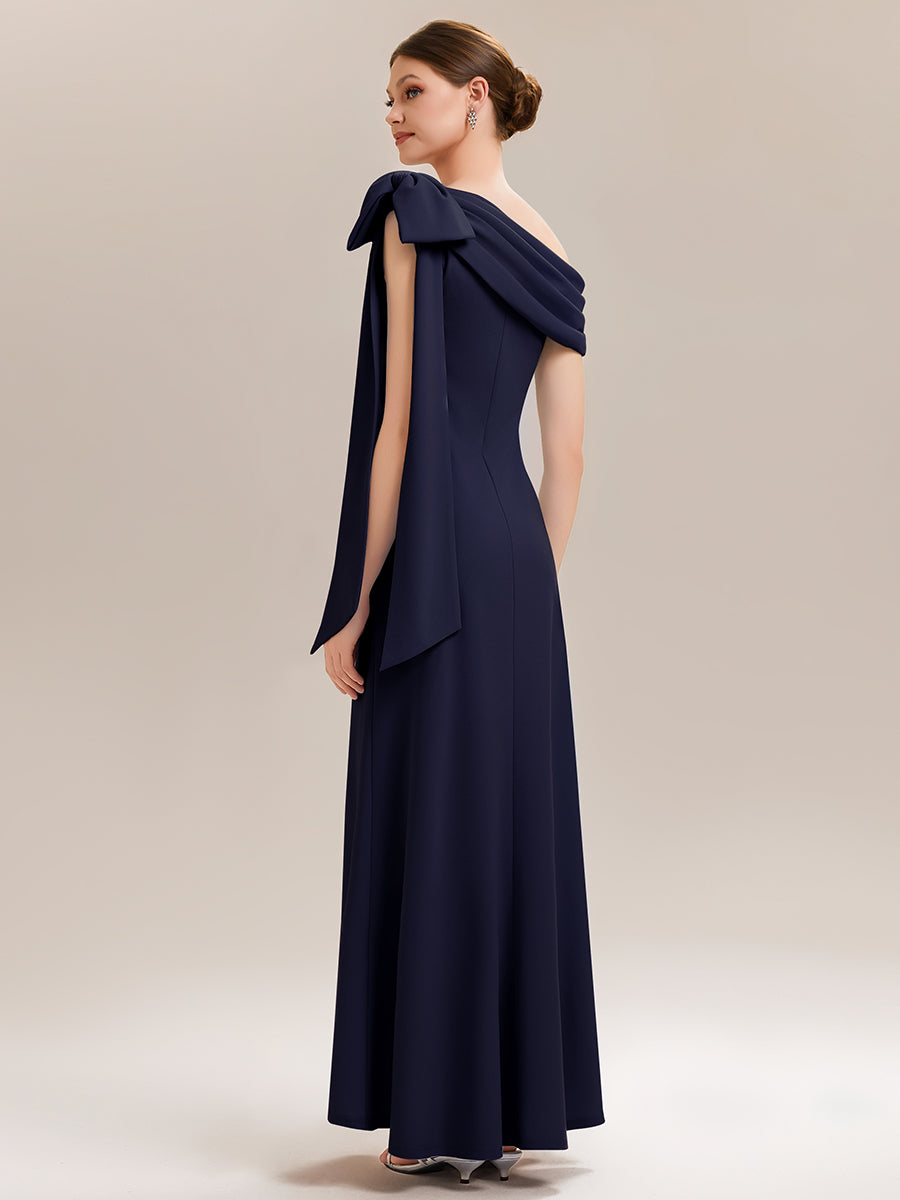 Asymmetric Shoulder with Bow Knit Wedding Guest Dress #color_Navy Blue