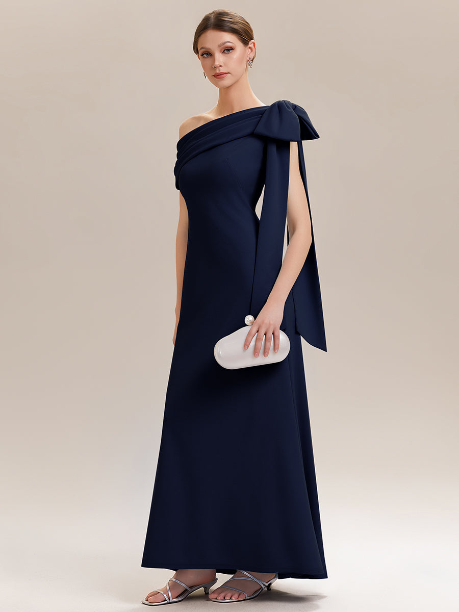 Asymmetric Shoulder with Bow Knit Wedding Guest Dress #color_Navy Blue