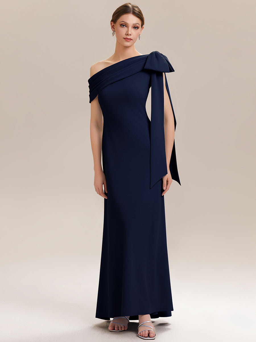 Asymmetric Shoulder with Bow Knit Wedding Guest Dress #color_Navy Blue